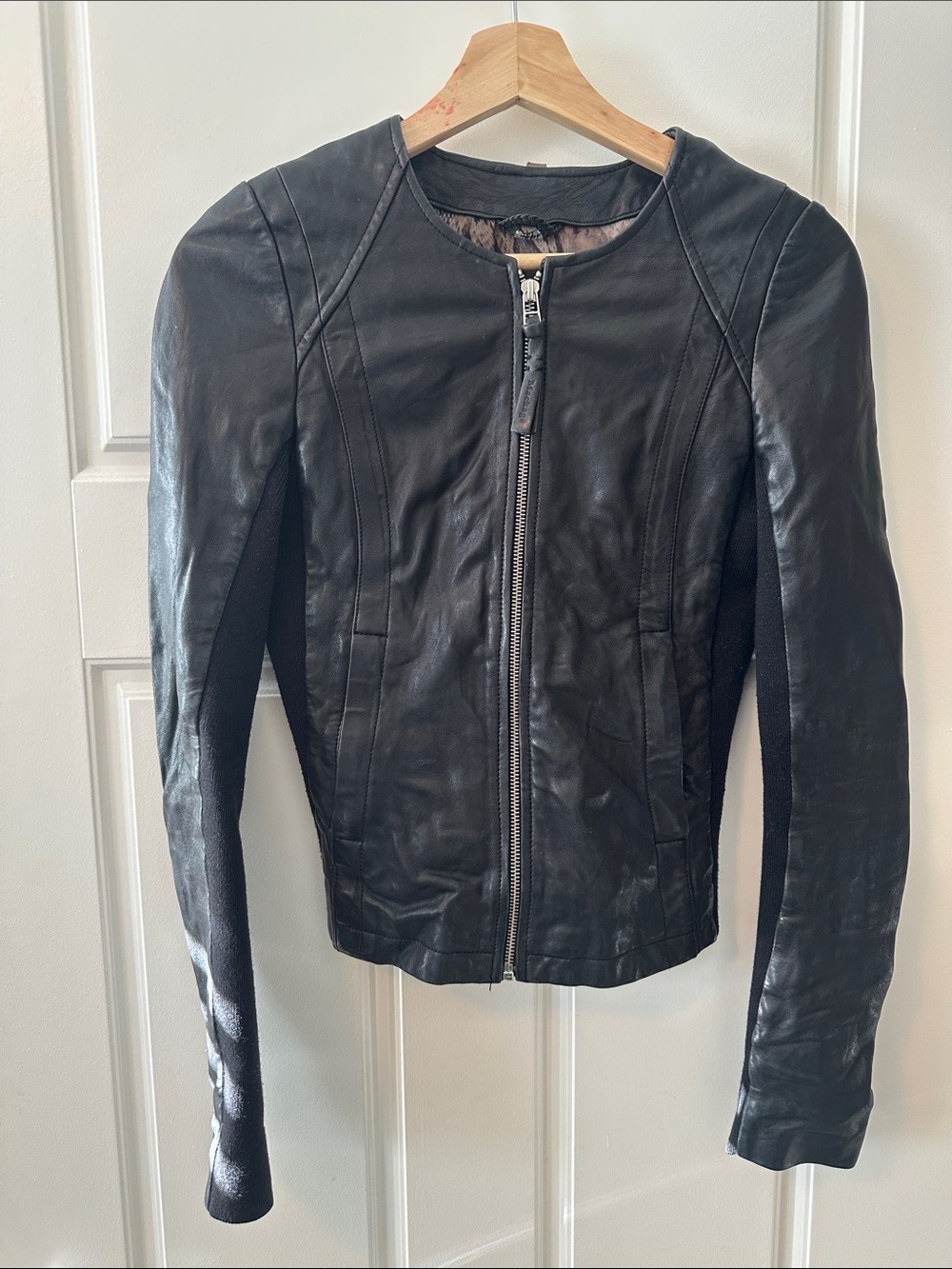 Mackage x Aritzia Collarless Lambskin Leather Jacket Knit Panels Black XXS